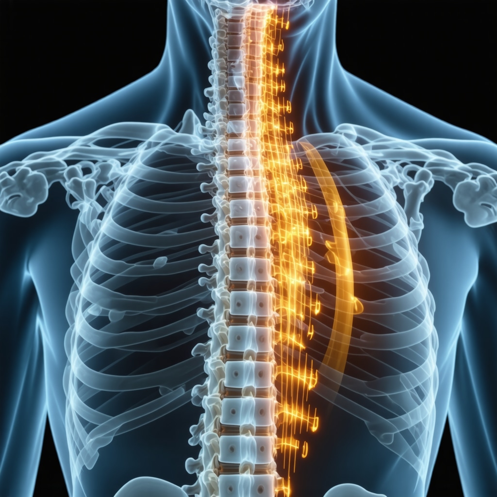 Illustration of spine with dynamic MRI overlays and combined orthopedic and chiropractic treatment symbols