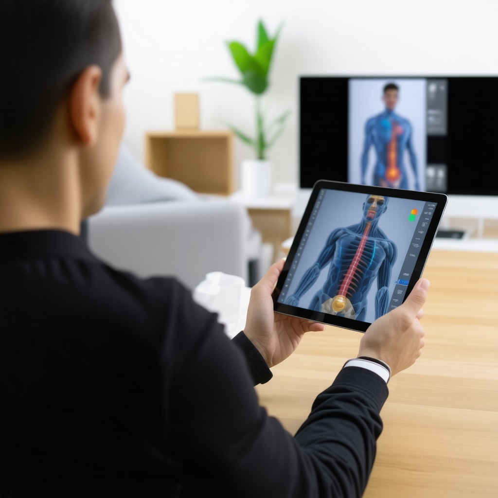 Patient doing physical therapy exercises at home monitored remotely by orthopedic specialist via tablet