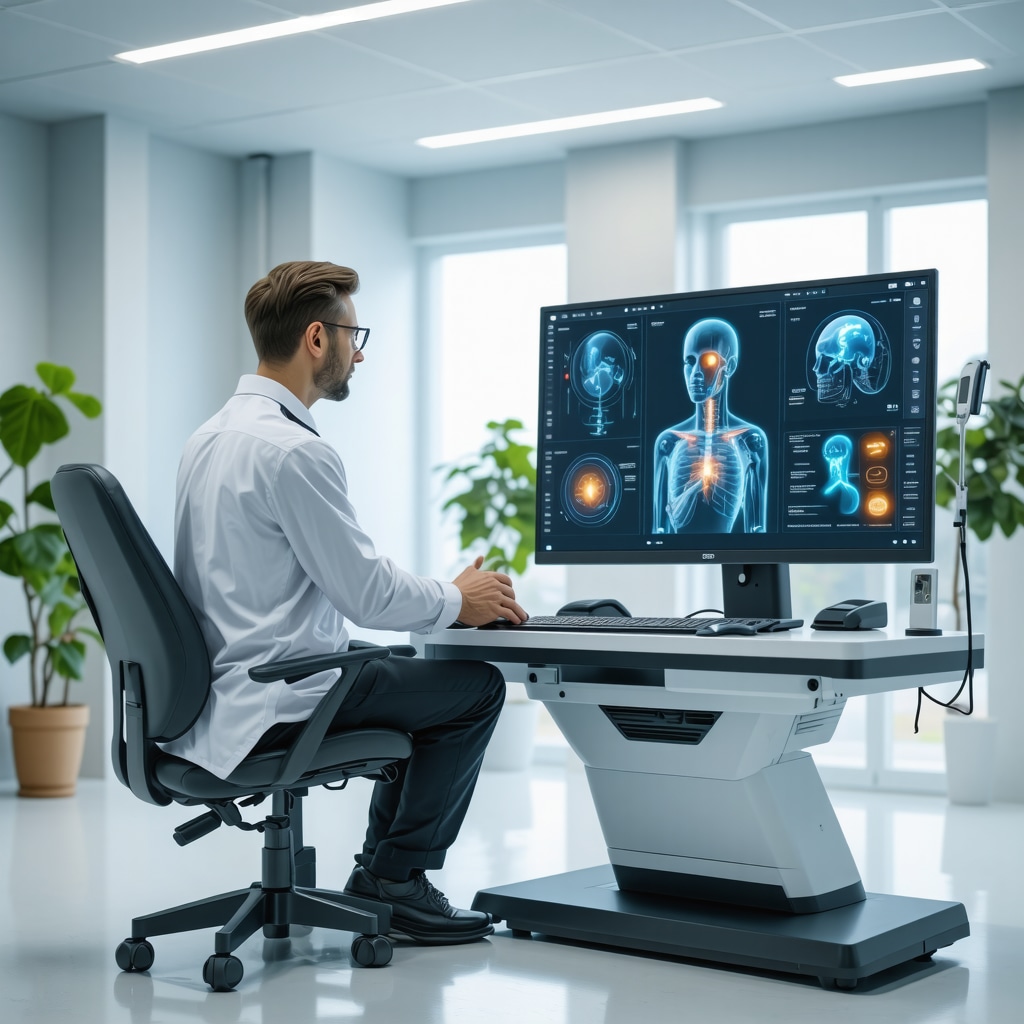 Doctor using telemedicine and AI tools for orthopedic workers compensation evaluation in a modern clinical environment