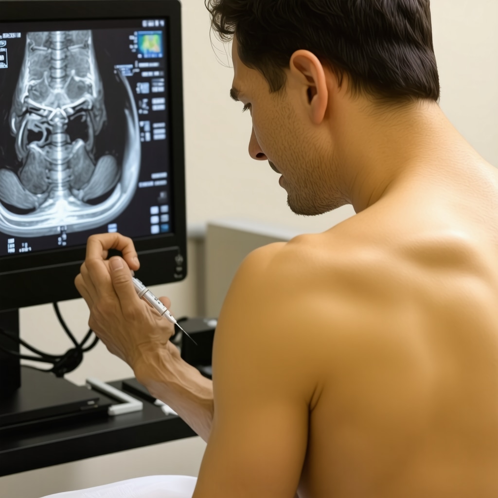 Orthopedic specialist performing ultrasound elastography to guide trigger point injection with muscle stiffness visualization on screen