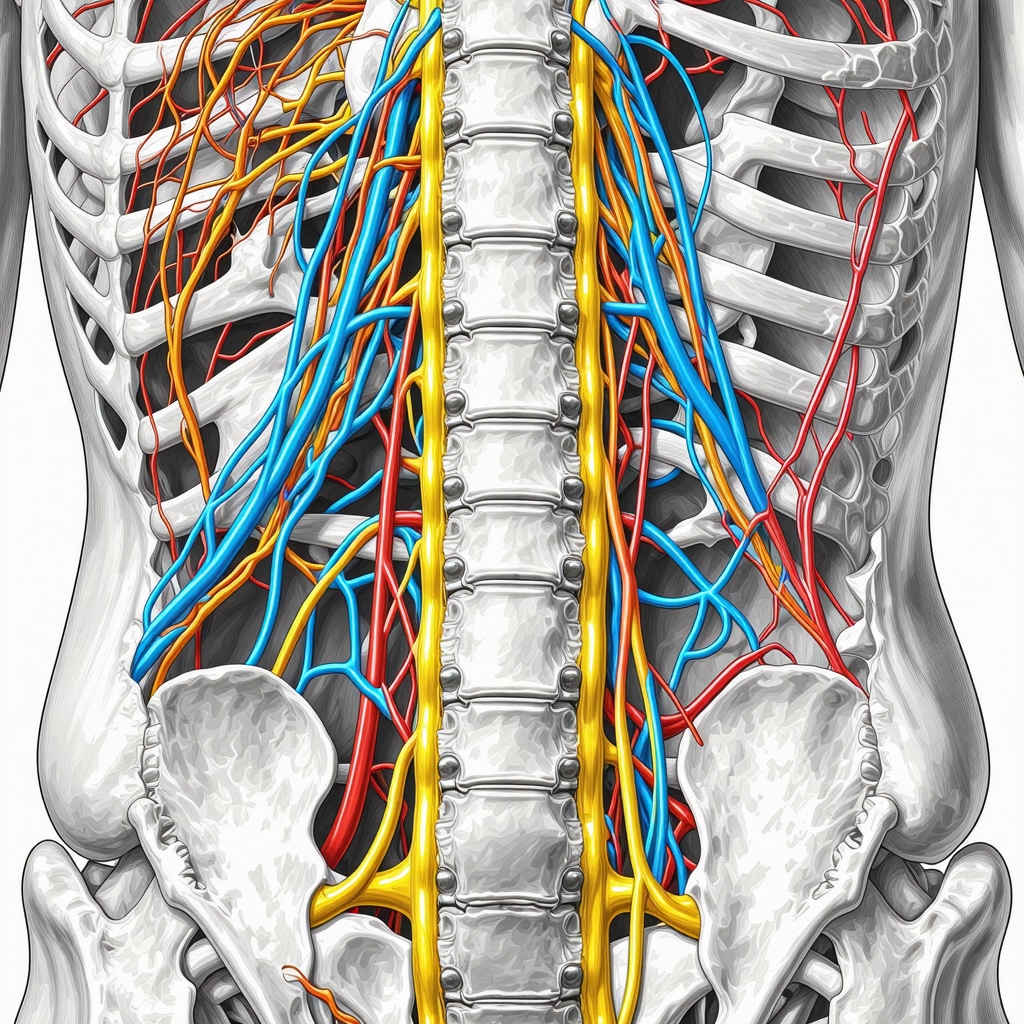 Medical illustration of ultrasound-guided nerve block targeting lumbar spine nerves for pain relief