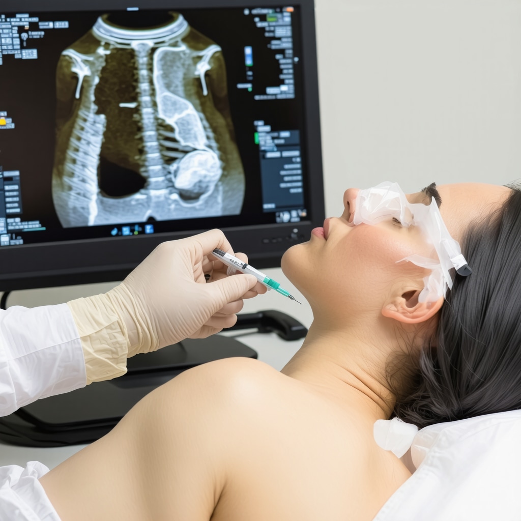 Orthopedic doctor performing ultrasound-guided trigger point injection with real-time imaging on screen