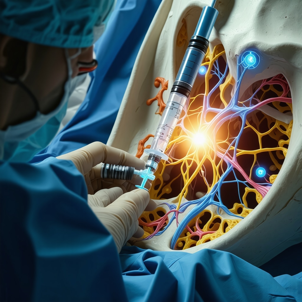 Orthopedic specialist performing ultrasound and augmented reality guided nerve block injection with nerve structures highlighted
