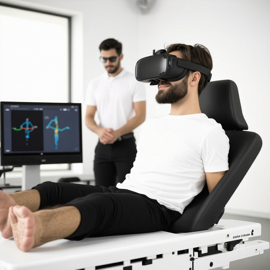 Patient undergoing spine rehabilitation with virtual reality headset and motion capture technology