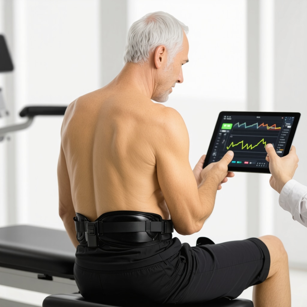 Patient wearing wearable biosensors during orthopedic rehabilitation with clinician reviewing real-time data on tablet