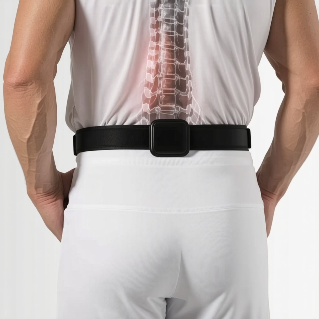Person wearing a wearable posture monitor device on lower back with digital overlays showing spinal alignment