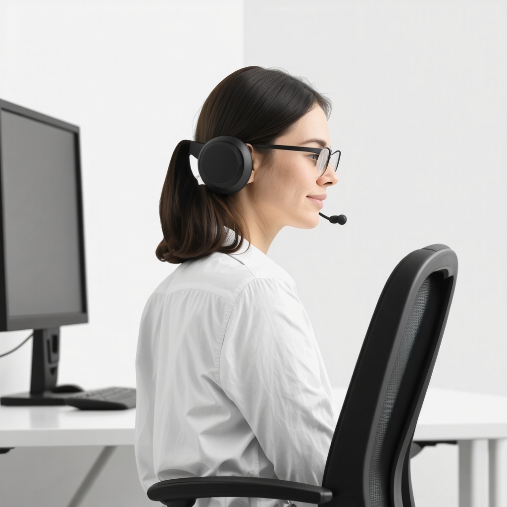 Person wearing a posture-monitoring wearable device at an ergonomic desk