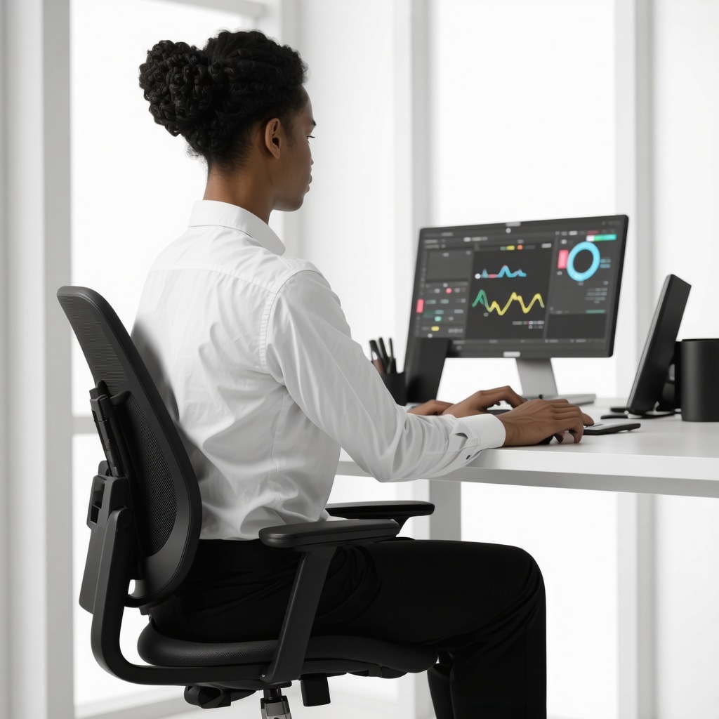 Desk worker using wearable posture tracker with advanced ergonomic chair and sit-stand desk