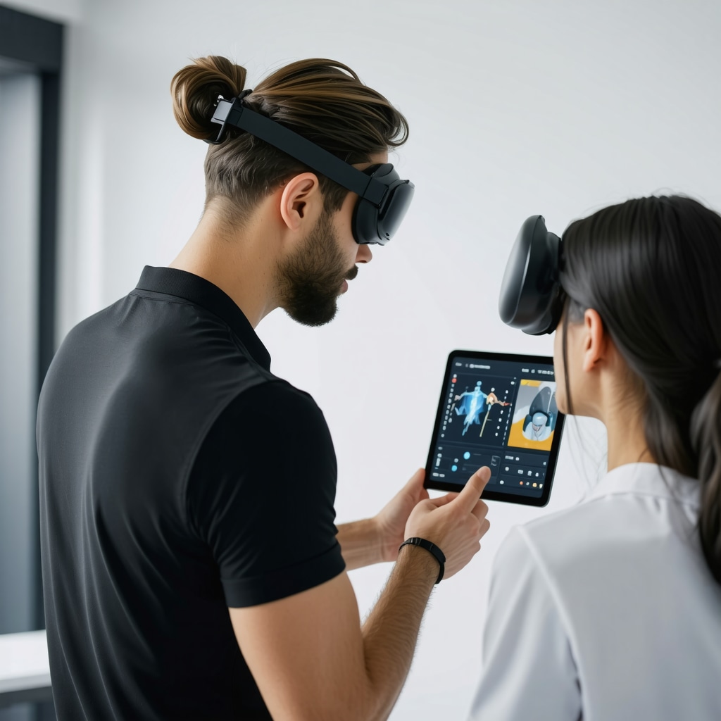 Patient using wearable motion sensors during rotator cuff rehab with therapist monitoring data on tablet and VR equipment in background