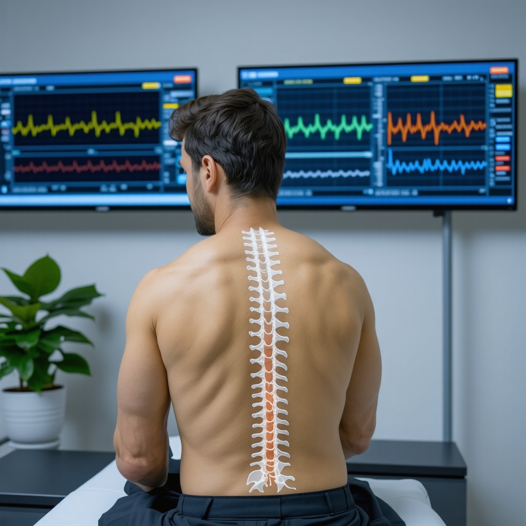 Patient using wearable sensors for spinal health monitoring and biomarker data visualization in orthopedic rehabilitation