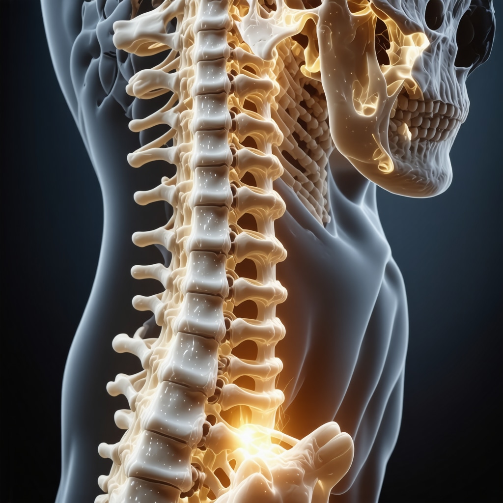 3D rendering of aging spine with AI diagnostic overlay showing degenerative areas and treatment planning