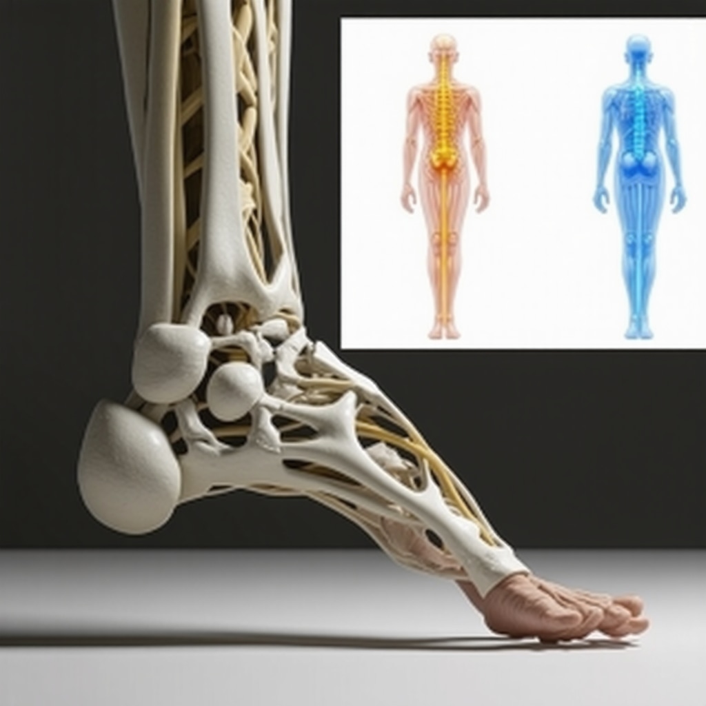 Custom 3D-printed orthopedic orthotic device with embedded sensors showing biomechanical data and nerve anatomy