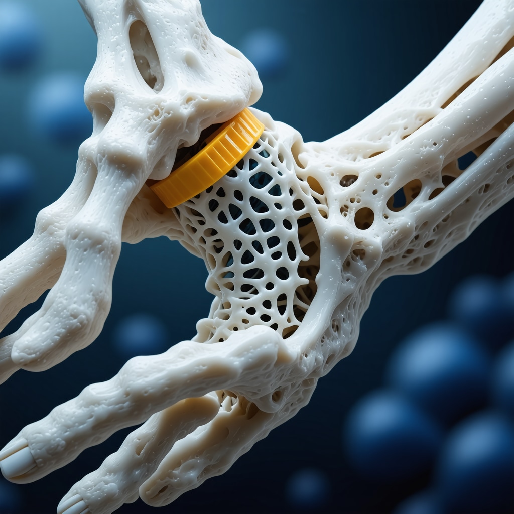 Illustration of a 3D-printed facet joint scaffold infused with stem cells for regeneration