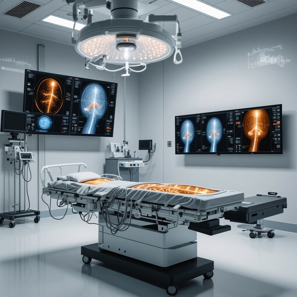 Orthopedic surgery room with AI diagnostic screens and 3D model of biomimetic nerve scaffold