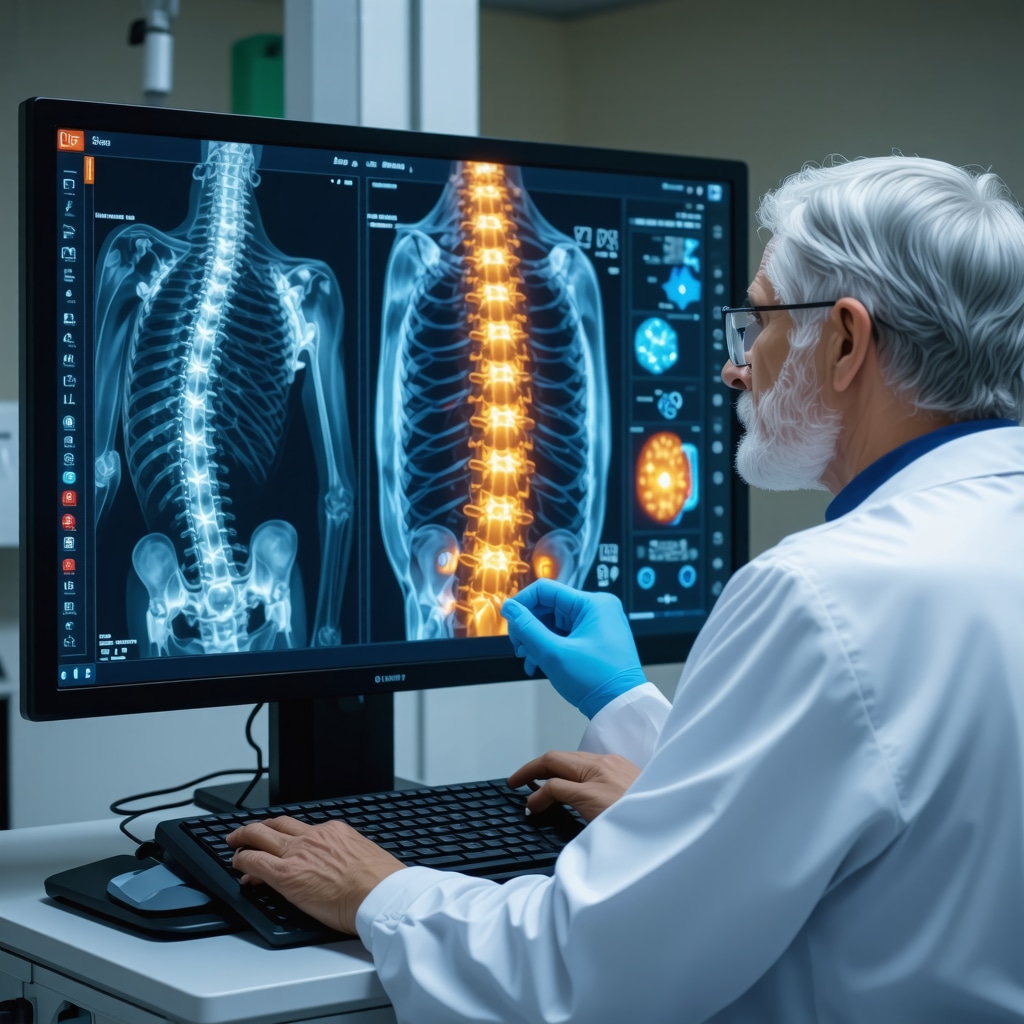 Medical professional reviewing AI-enhanced spinal images alongside regenerative treatment tools in a modern clinic