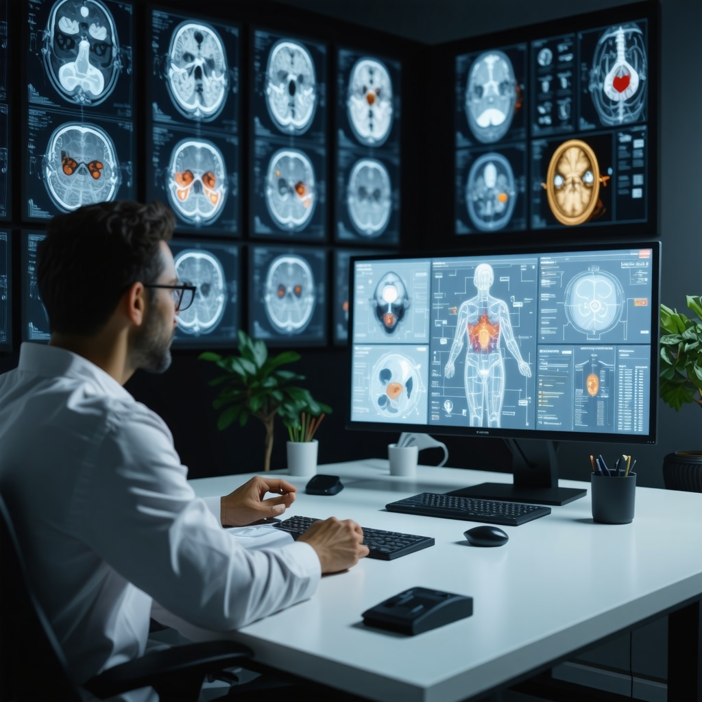Orthopedic specialist and lawyer reviewing AI-analyzed imaging and wearable sensor data on digital screens in consultation room