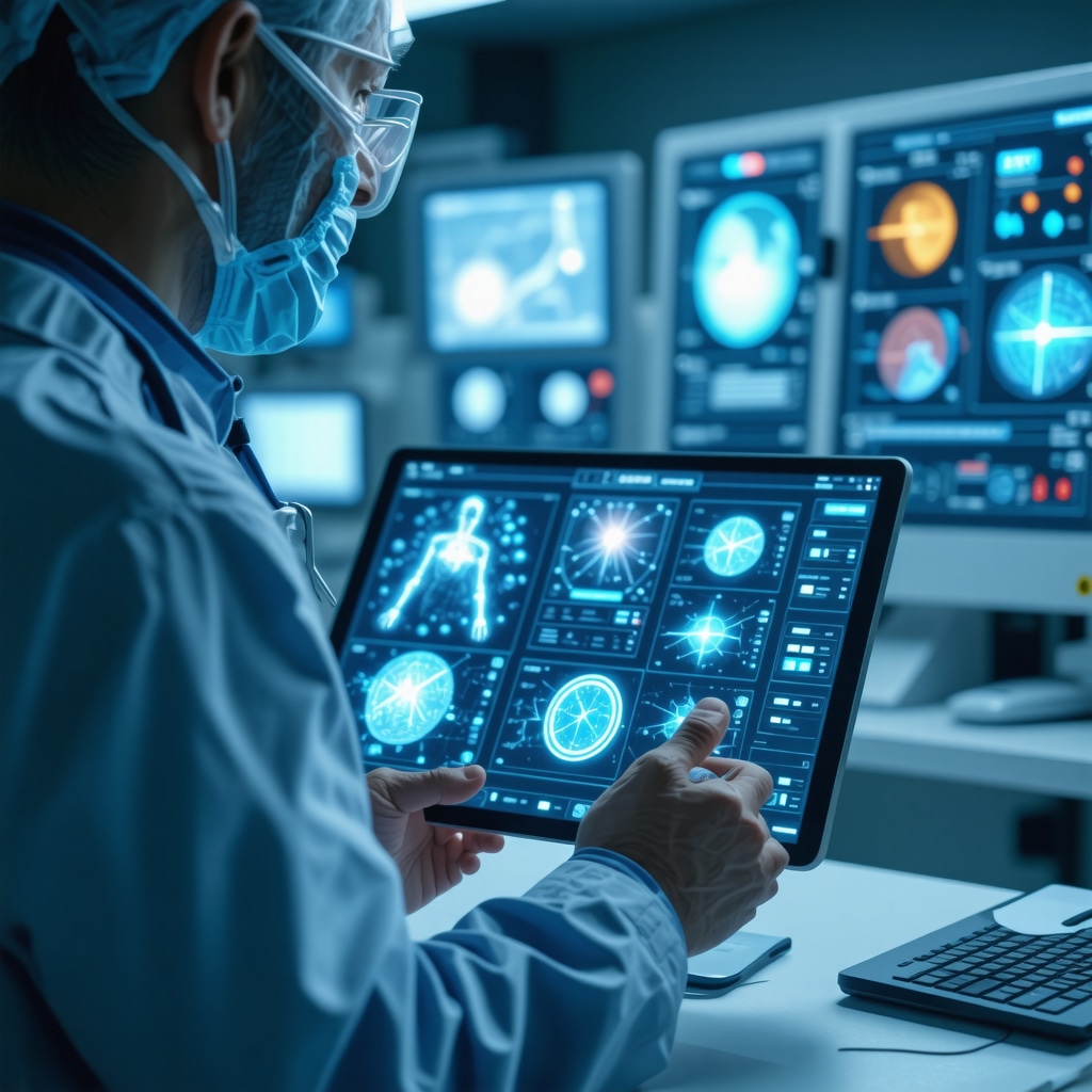 Orthopedic doctor using AI software with ICD-10 coding and data analytics displayed