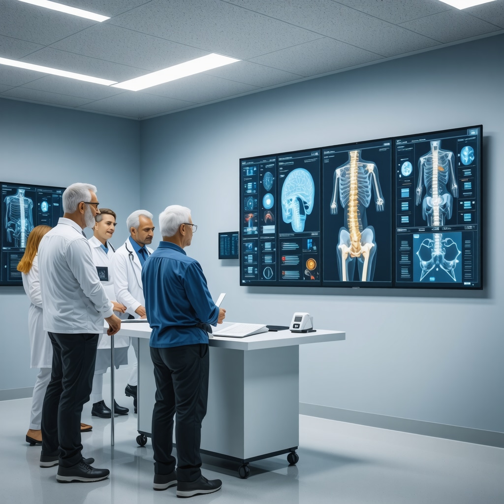 Elderly patients using wearable sensors in an orthopedic clinic with AI data analysis displayed on screens