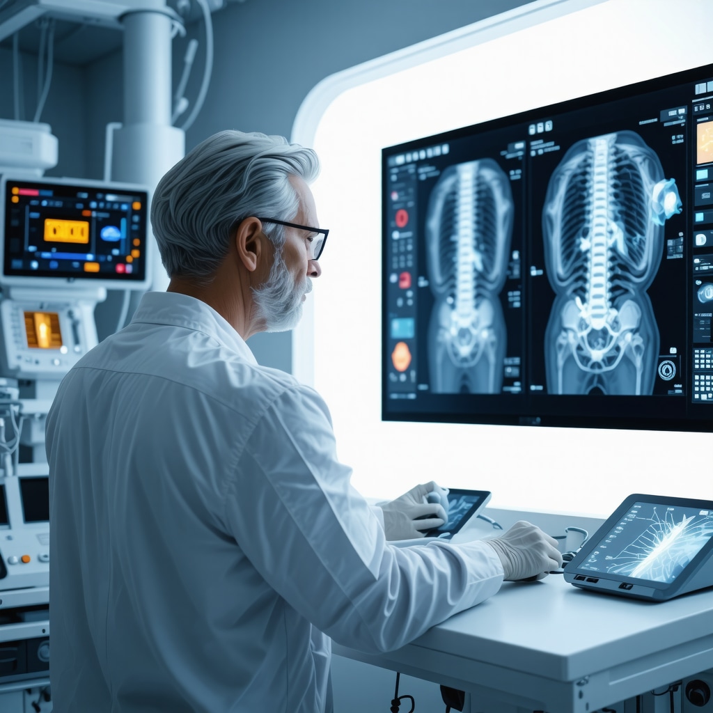 Orthopedic surgeon and patient analyzing AI-enhanced spinal imaging in a modern clinic setting