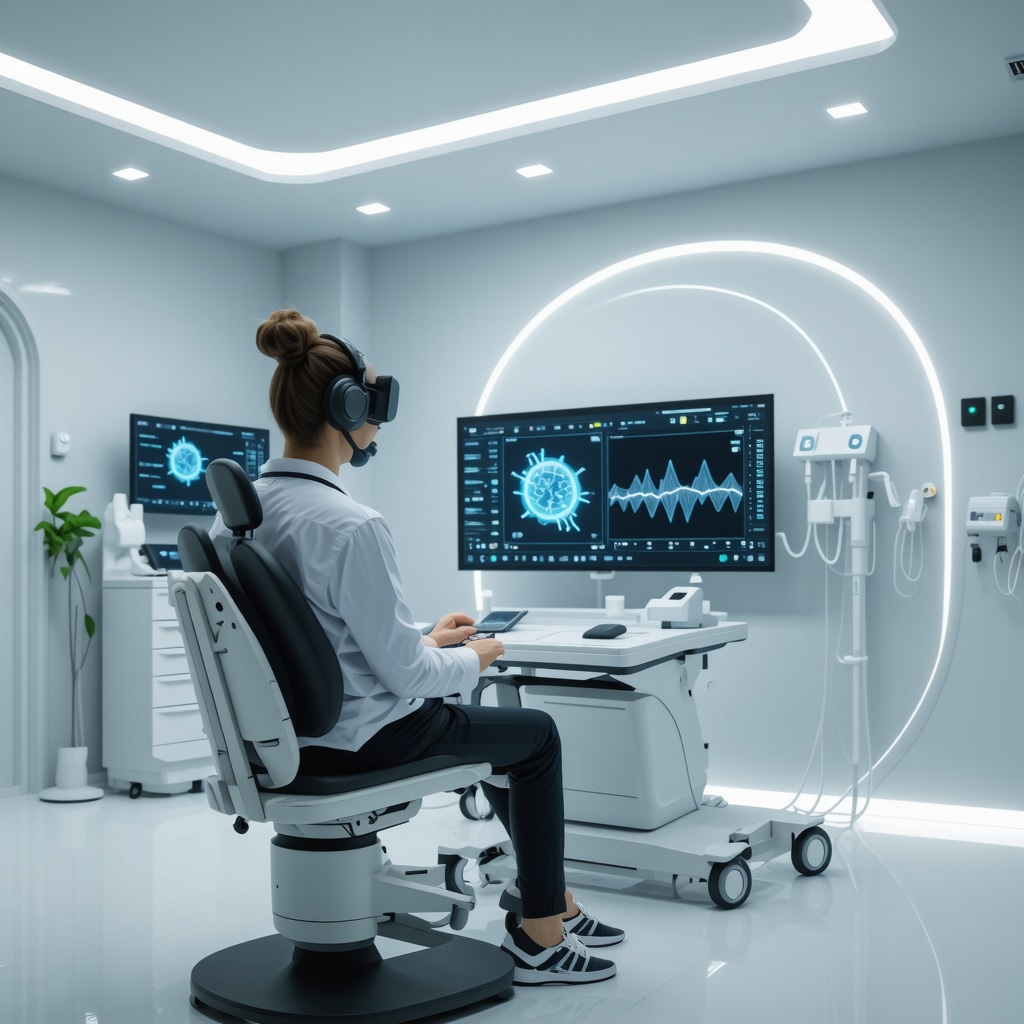 Patient using telemedicine consultation in an AI-integrated orthopedic clinic with digital health analytics screens
