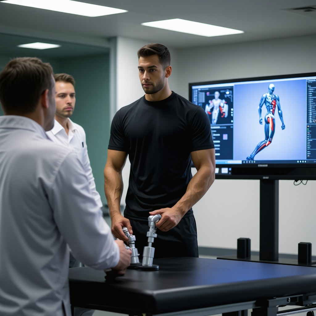 Athlete undergoing 3D motion capture biomechanical analysis in a sports rehabilitation clinic