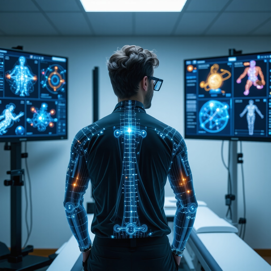 Patient using wearable sensors with AI analytics in orthopedic rehabilitation lab
