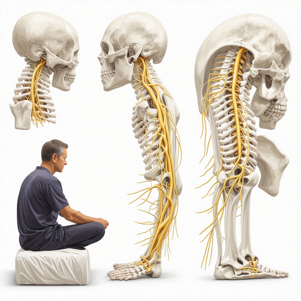 Medical illustration of lumbar spine DTI imaging with sciatic nerve pathways and patient practicing mindfulness and physical therapy