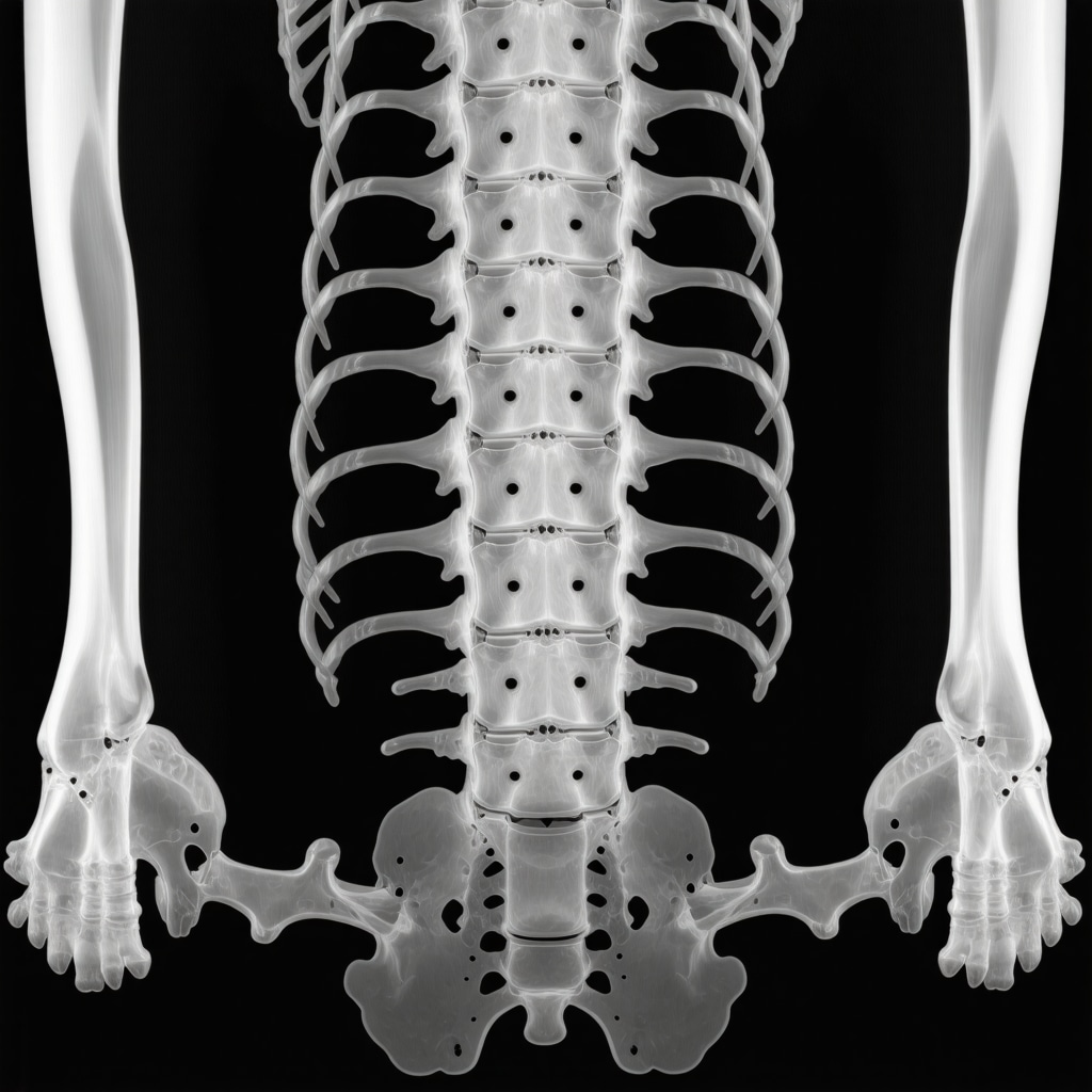 Detailed MRI scan of an elderly person's spine with 3D imaging and AI analysis highlighting degenerative changes