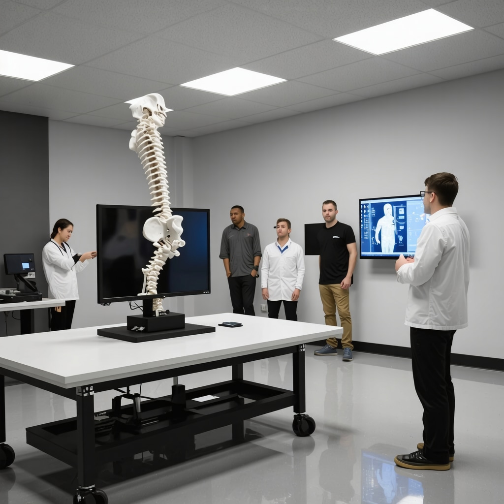 Clinicians analyzing spinal movement data from motion capture and force plate technology in a rehabilitation lab
