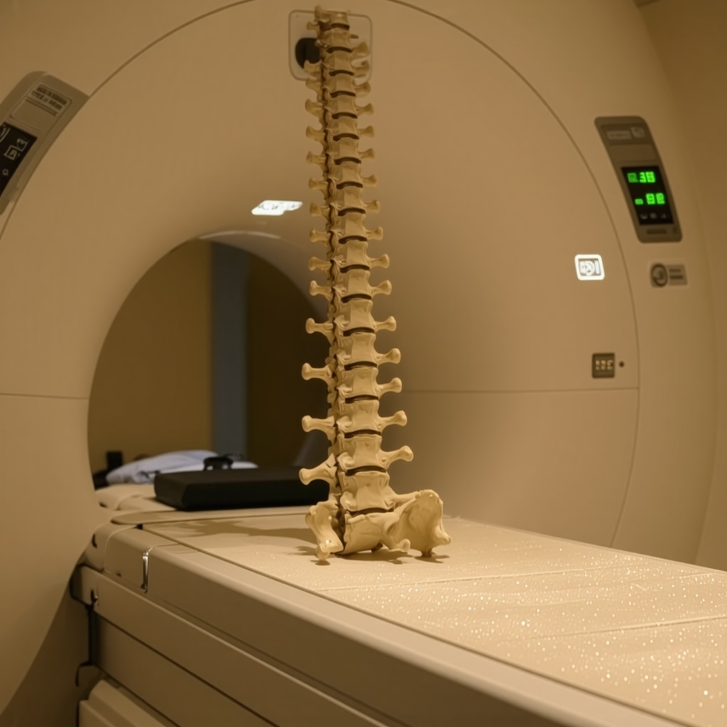 MRI scan image focusing on lumbar spine showing herniated disc