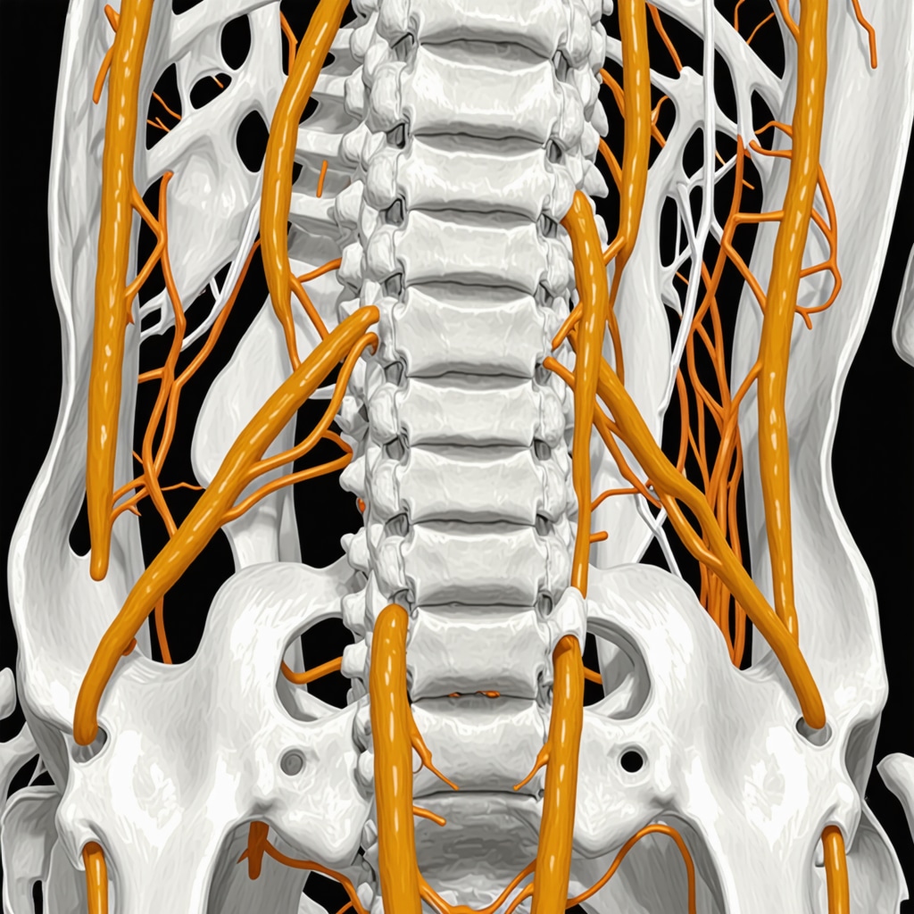 MRI scan showing nerve impingement and disc herniation in lumbar spine