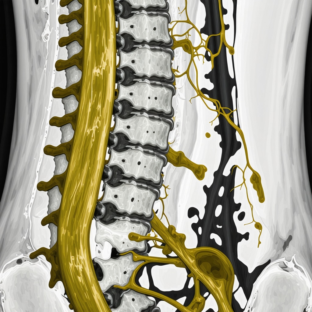 Detailed MRI scan illustrating herniated disc pressing on spinal nerve roots.