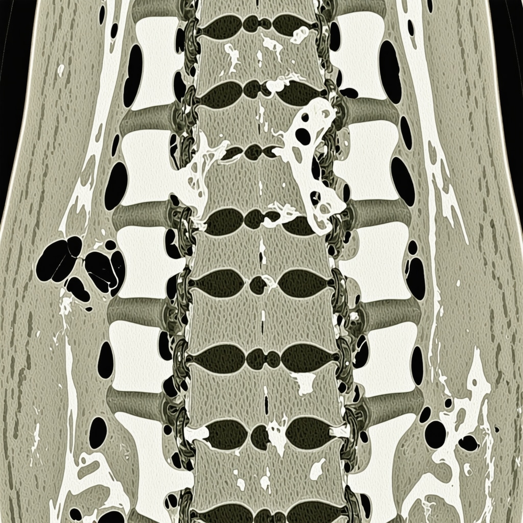 MRI scan showing healing spine hardware and soft tissues after surgery