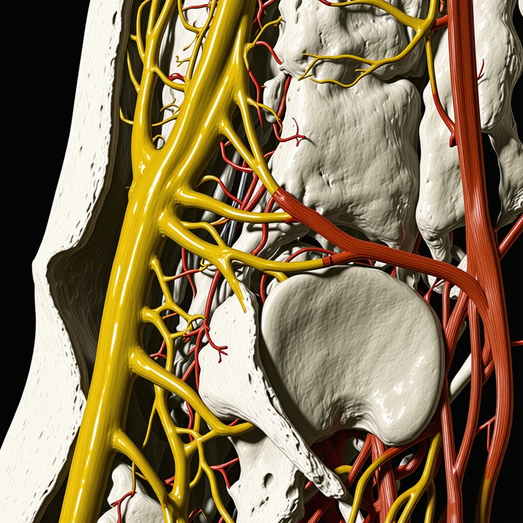 Detailed high-resolution MRI of lumbar spine highlighting nerve roots and disc structures.