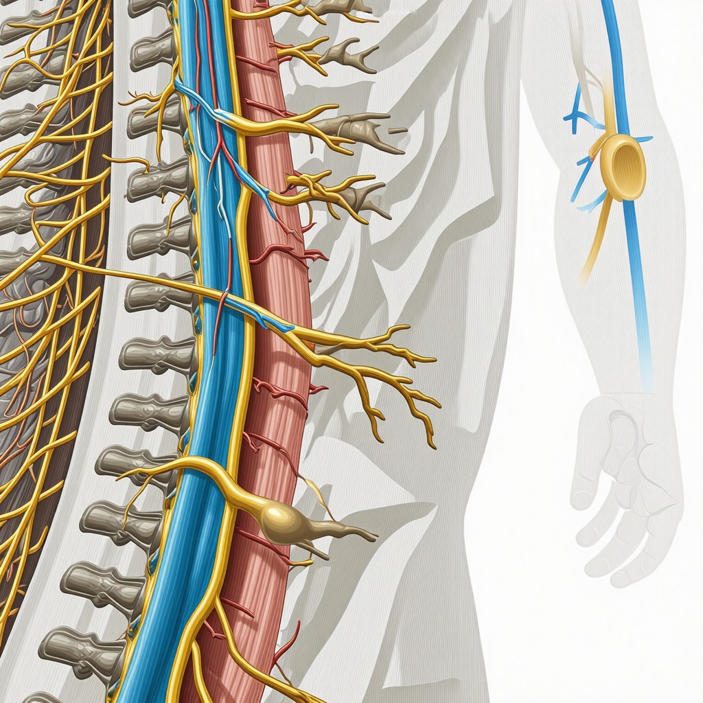 Medical illustration showing nerve blocks in the spine for pain management.