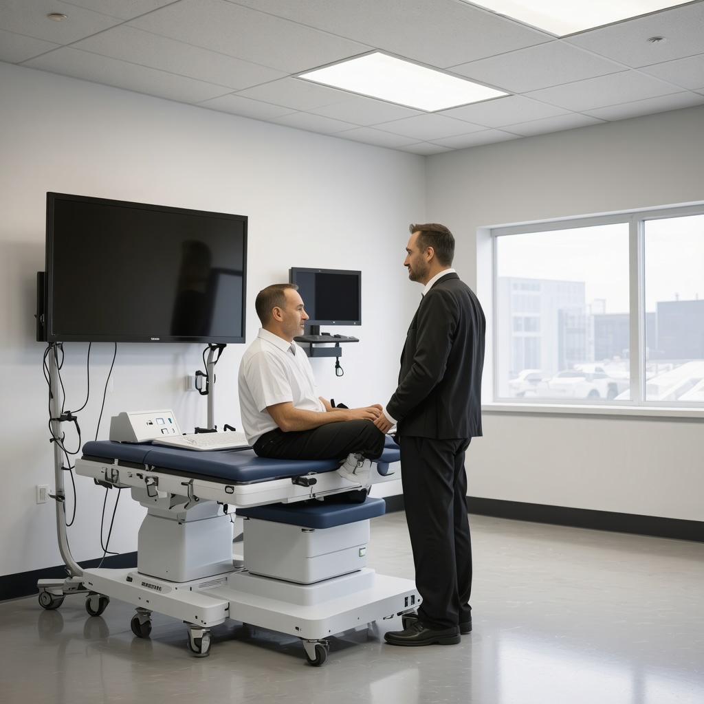 Orthopedic specialist demonstrating motion analysis and wearable posture sensor technology with patient in Passaic clinic
