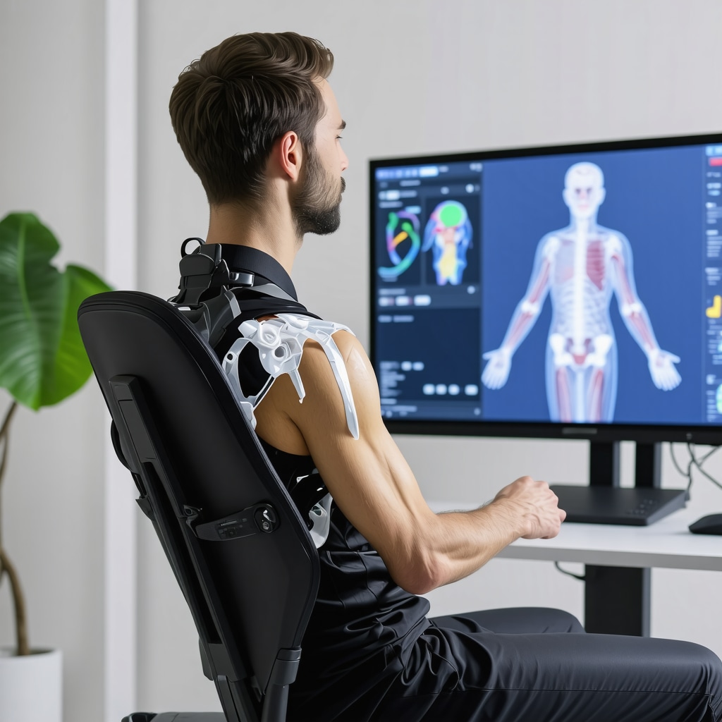 Patient undergoing whiplash rehabilitation using wearable cervical spine sensors and AI biomechanical feedback