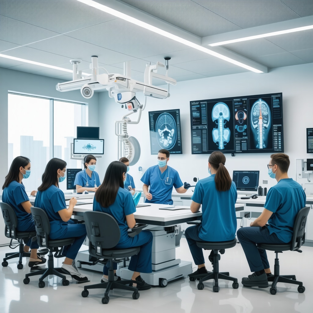 Orthopedic specialists using AI technology and advanced imaging for sciatica treatment planning