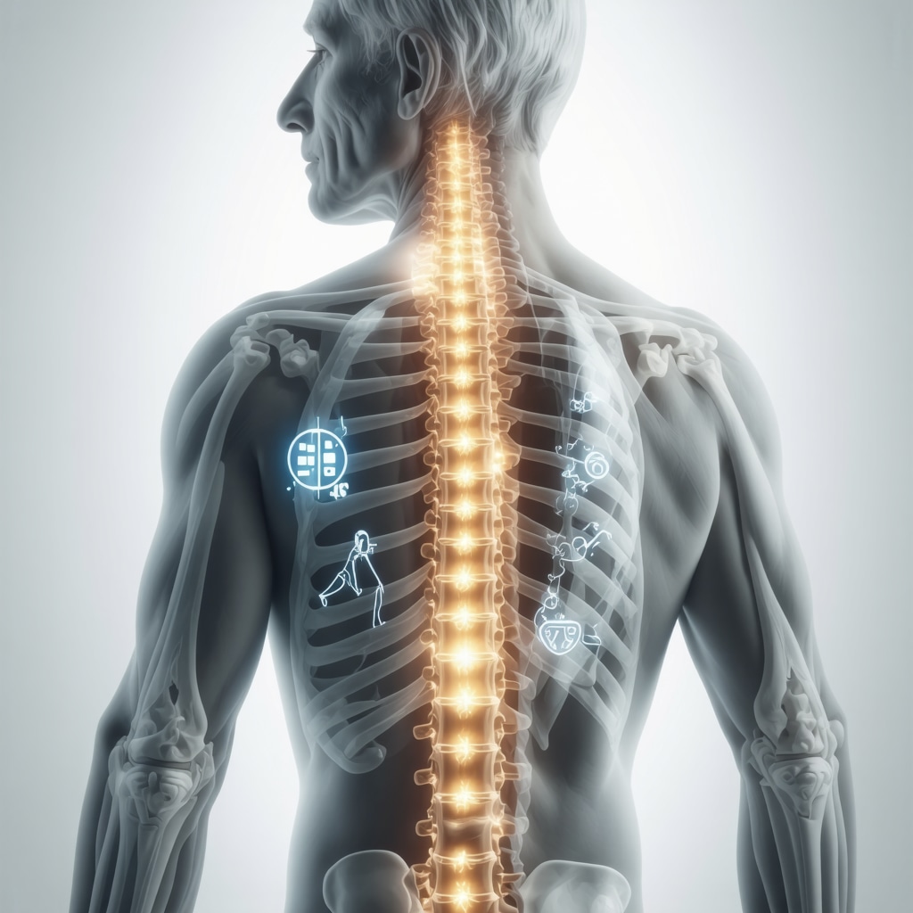 Illustration showing an aging spine with genetic markers, healthcare team icons, and neuromodulation device representing innovative orthopedic treatments