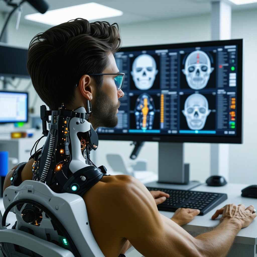 Patient wearing smart cervical collar with sensor data displayed on a digital screen in a modern orthopedic clinic