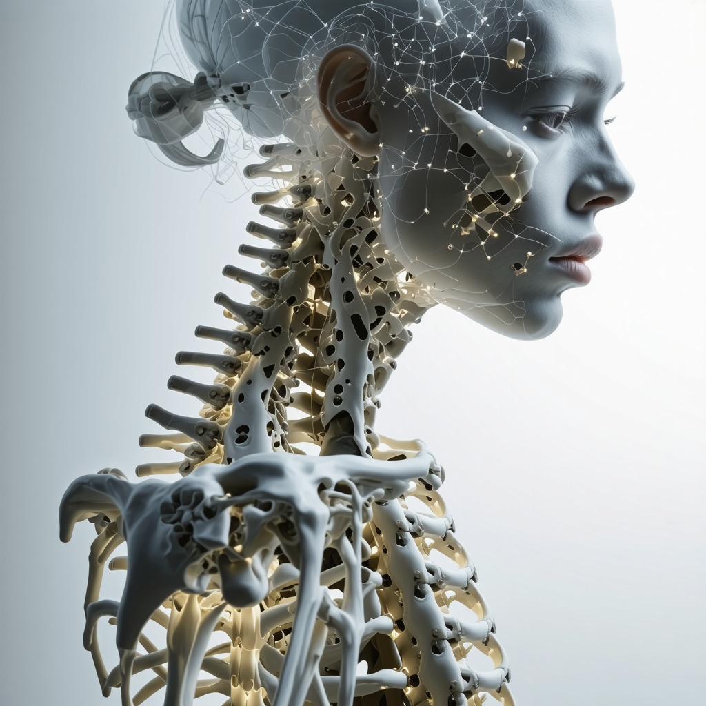 Futuristic visualization of spinal stress analysis and ergonomic design for back health