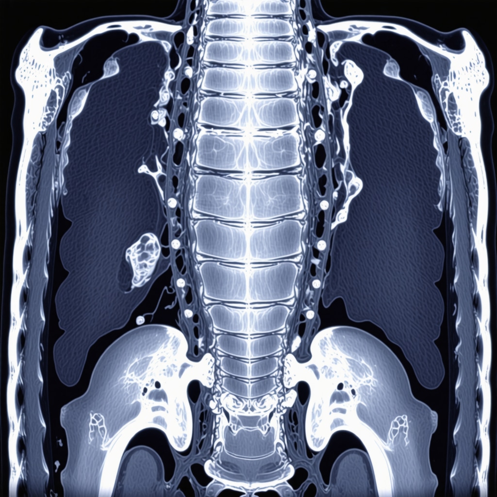 High-resolution spinal MRI scan showing detailed 3D imaging of the spine in a medical setting