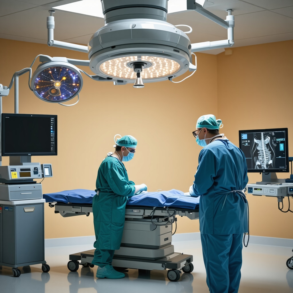 Modern orthopedic surgical room with imaging equipment and surgeon performing minimally-invasive spine procedure