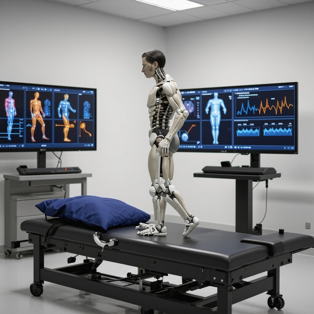 Patient wearing motion capture sensors performing balance exercises with digital screens displaying gait analysis and AI data in a modern clinic