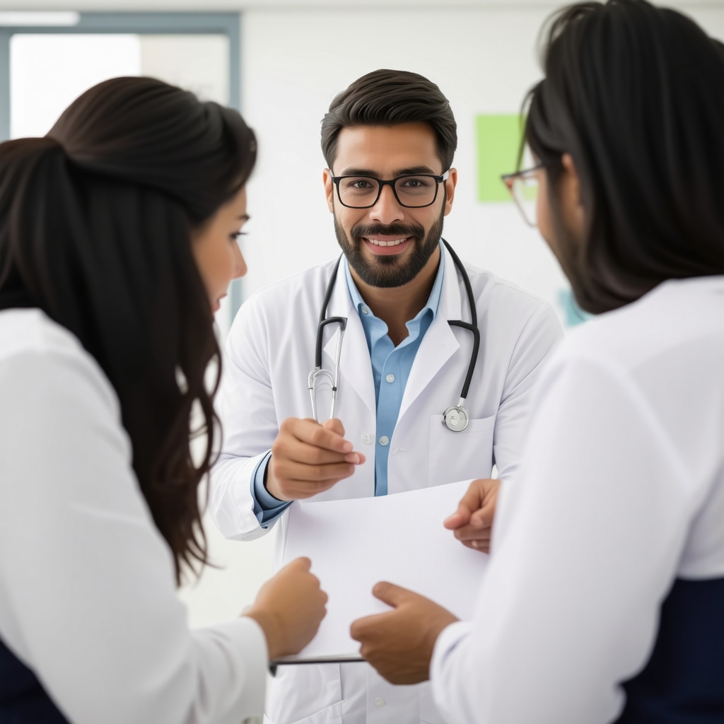 Healthcare professionals discussing orthopedic patient documentation in a modern clinic.