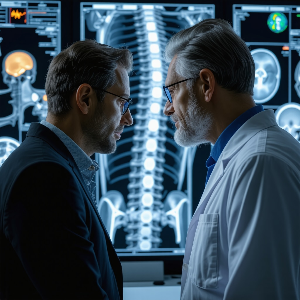 Orthopedic surgeon and neurologist analyzing AI-enhanced spinal MRI scans together