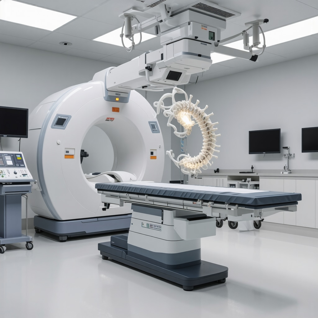 Futuristic orthopedic operating room with advanced imaging and surgical equipment.
