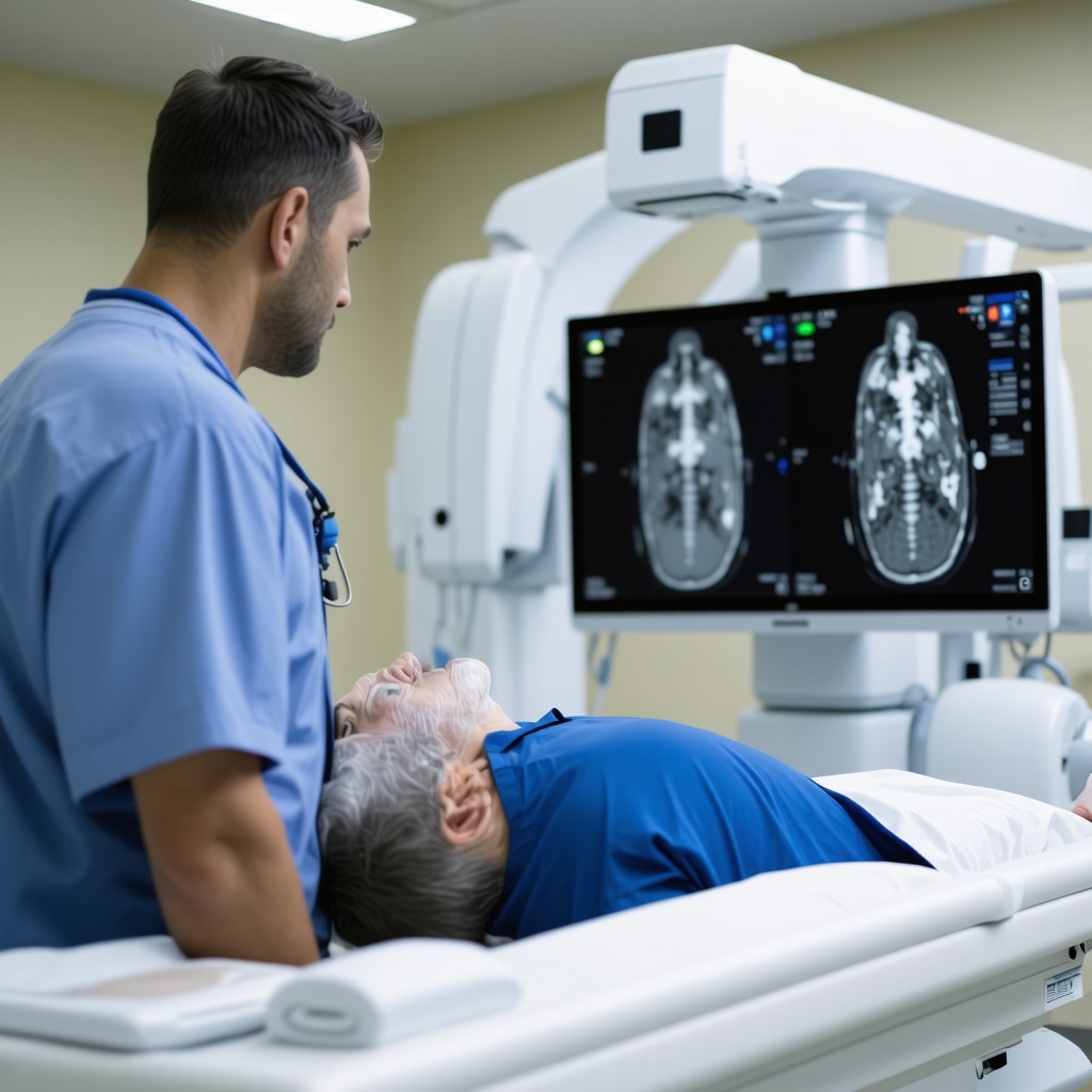 Modern orthopedic clinic with advanced imaging tools and a spine specialist discussing treatment options.