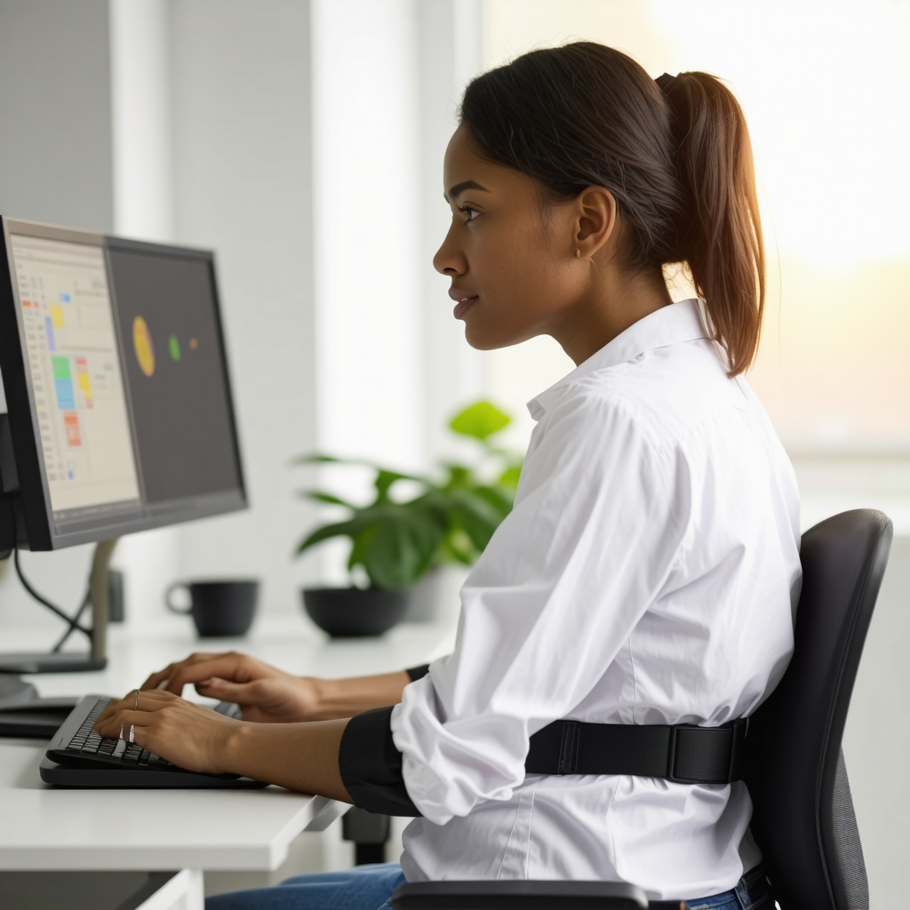 Desk worker wearing AI posture sensor receiving feedback with orthopedic expert consulting in a wellness program