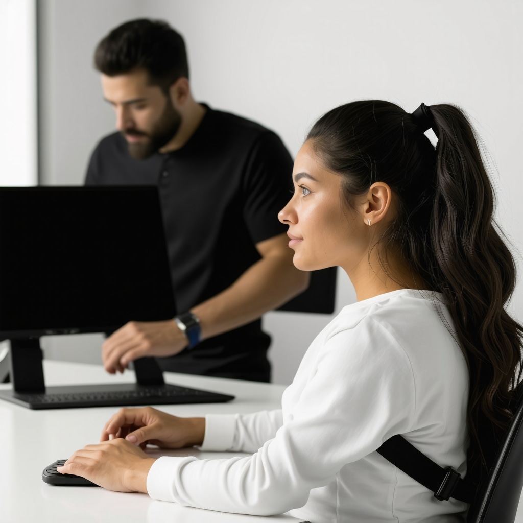 Desk worker monitored by AI wearable sensors and receiving neuromuscular re-education guidance